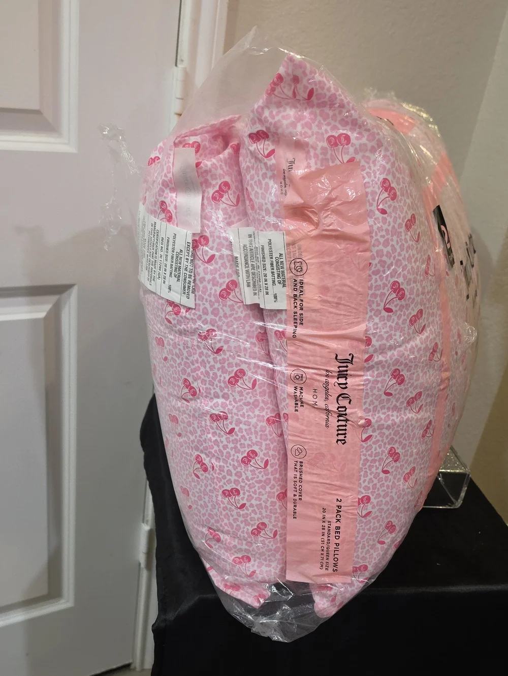 Juicy Couture Pink Home Cherries Leopord Print 2-Pack Jumbo Bed Pillows